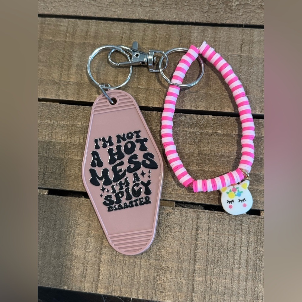 Pink and White Striped Keychain Set